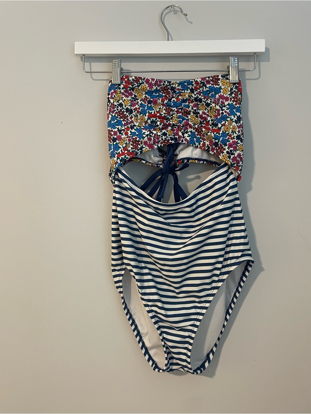 Time and Tru Navy & White Striped One-Piece with Floral Bandeau